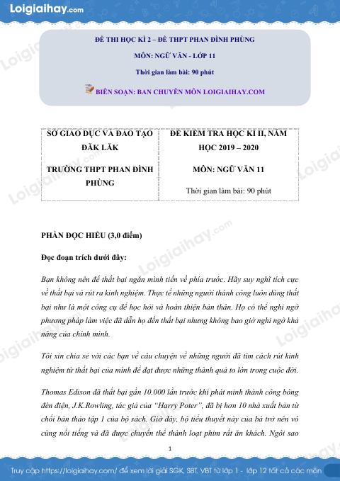 Giải đề thi kì 2 Ngữ văn lớp 11 năm 2019 - 2020 trường THPT Phan Đình Phùng